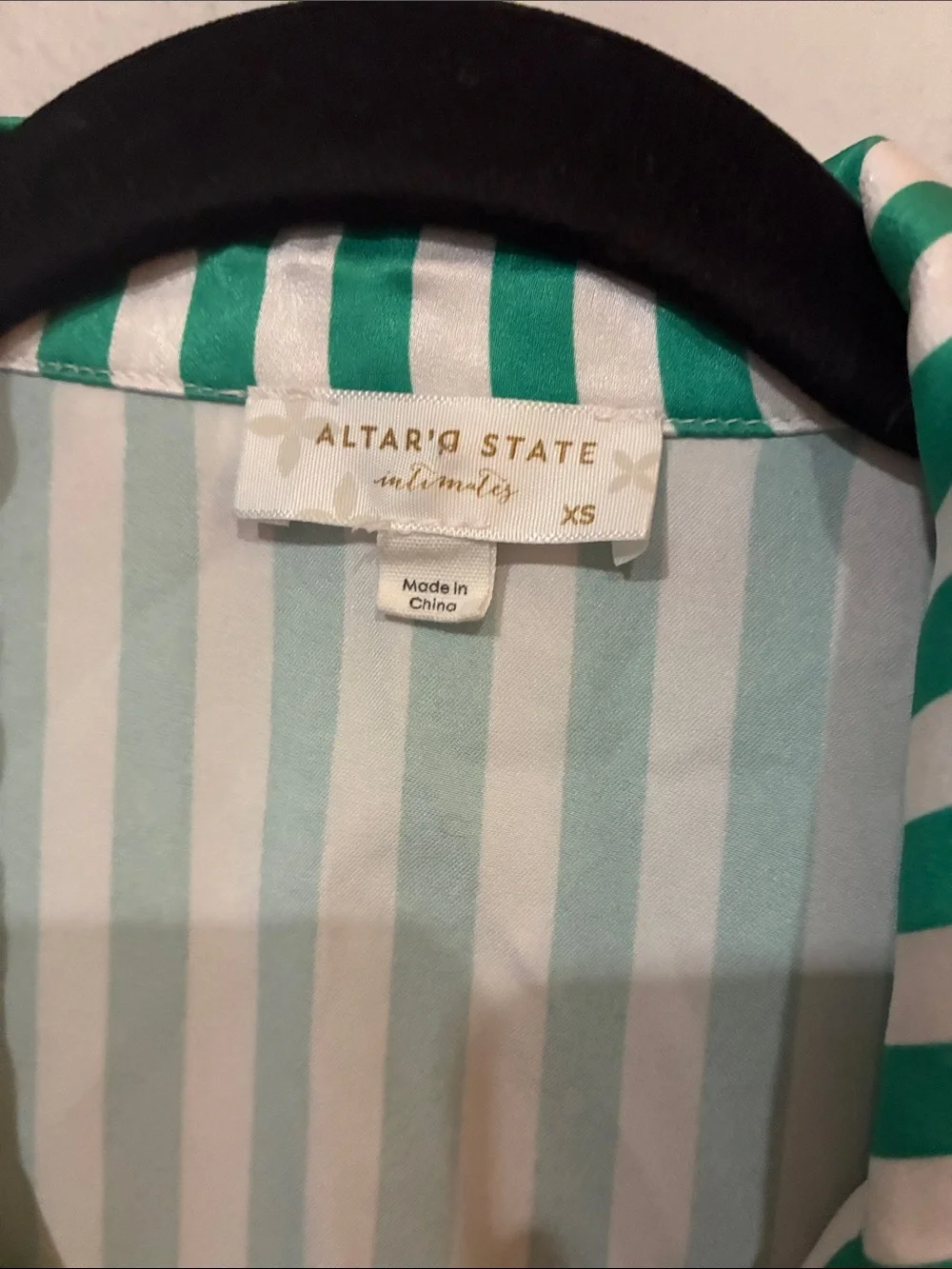 Altar'd State Green and White Striped Satin Pajama Top with Red Trim